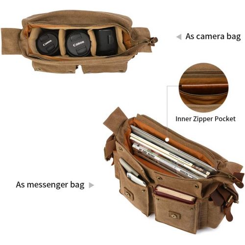  Visit the Kattee Store Kattee Leather Canvas Camera Bag Vintage DSLR SLR Messenger Shoulder Bag Khaki