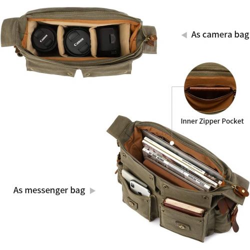  Kattee Leather Canvas Camera Bag Vintage DSLR SLR Messenger Shoulder Bag