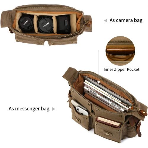  Kattee Leather Canvas Camera Bag Vintage DSLR SLR Messenger Shoulder Bag