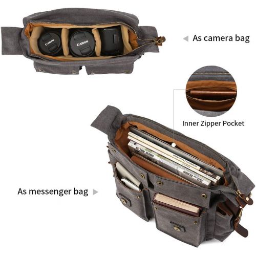  Kattee Leather Canvas Camera Bag Vintage DSLR SLR Messenger Shoulder Bag