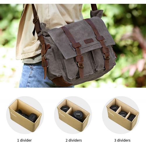  Kattee Leather Canvas Camera Bag Vintage DSLR SLR Messenger Shoulder Bag