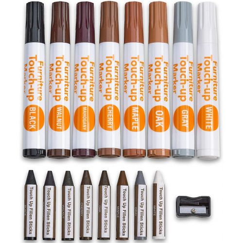  [아마존 핫딜]  [아마존핫딜]Katzco Furniture Repair Kit Wood Markers - Set of 17 - Markers and Wax Sticks with Sharpener - for Stains, Scratches, Floors, Tables, Desks, Carpenters, Bedposts, Touch-Ups, Cover-