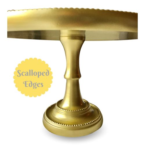  Metallic Gold Large Cake Stand by Kauri Design | Glass Top with Mango Wood Handle, 14 Base | Decorative Cake, Cupcake, Dessert, Appetizer Stand