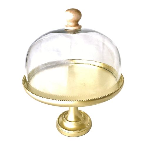  Metallic Gold Large Cake Stand by Kauri Design | Glass Top with Mango Wood Handle, 14 Base | Decorative Cake, Cupcake, Dessert, Appetizer Stand