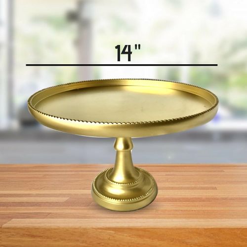  Metallic Gold Large Cake Stand by Kauri Design | Glass Top with Mango Wood Handle, 14 Base | Decorative Cake, Cupcake, Dessert, Appetizer Stand