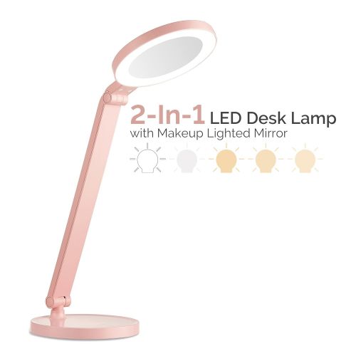  Kavalan LED Desk Lamp with Makeup Lighted Mirror for Office Home Lighting, Eye-Caring Bedside Lamp with Touch Switch, 5 Color Temperatures Mode Bright Stepless Dimming, Flicker Fre