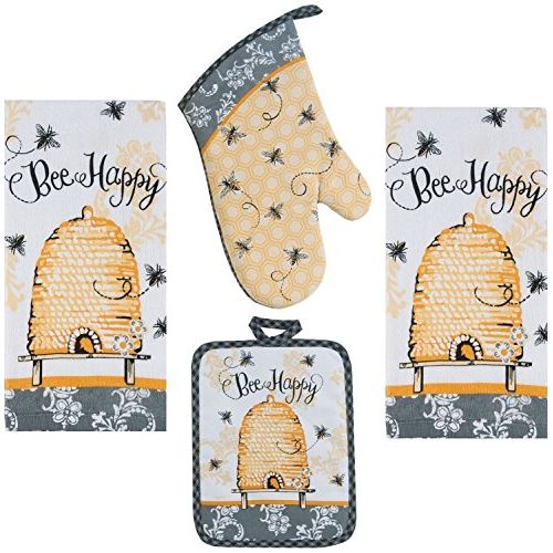  [아마존베스트]Kay Dee 4 Piece Bee Happy Kitchen Set - 2 Terry Towels, Oven Mitt, Potholder