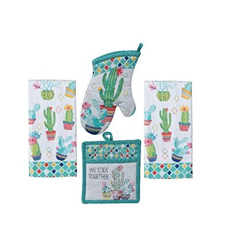  [아마존베스트]Kay Dee Kitchen Linen Set - Cactus Garden Design 4 Piece Bundle Includes 2 Terry Towels, 1 Oven Mitt, and 1 Potholder