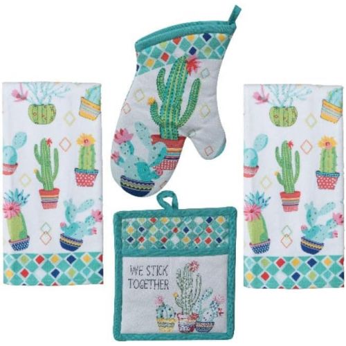  [아마존베스트]Kay Dee Kitchen Linen Set - Cactus Garden Design 4 Piece Bundle Includes 2 Terry Towels, 1 Oven Mitt, and 1 Potholder