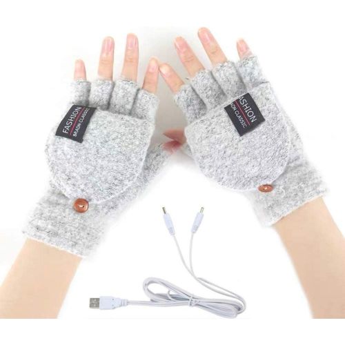  [아마존베스트]Kbinter Womens & Mens USB Heated Gloves Knitting Hands Full & Half Heated Fingerless Heating Warmer with Button Washable Design, Mitten Winter Hands Warm Laptop Gloves (Gray)