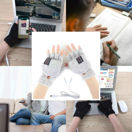  [아마존베스트]Kbinter Womens & Mens USB Heated Gloves Knitting Hands Full & Half Heated Fingerless Heating Warmer with Button Washable Design, Mitten Winter Hands Warm Laptop Gloves (Gray)