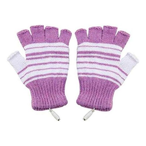  [아마존베스트]Kbinter USB 2.0 Powered Stripes Heating Pattern Knitting Wool Cute Heated Gloves Fingerless Hands Warmer Mittens Laptop Computer Warm Gloves for Women Men Girls Boys (Purple)