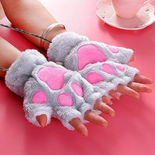  [아마존베스트]Kbinter USB 2.0 Powered Stripes Heating Pattern Knitting Wool Cute Heated Paw Gloves Fingerless Hands Warmer Mittens Laptop Computer Warm Gloves for Women Men Girls Boys (Gray)