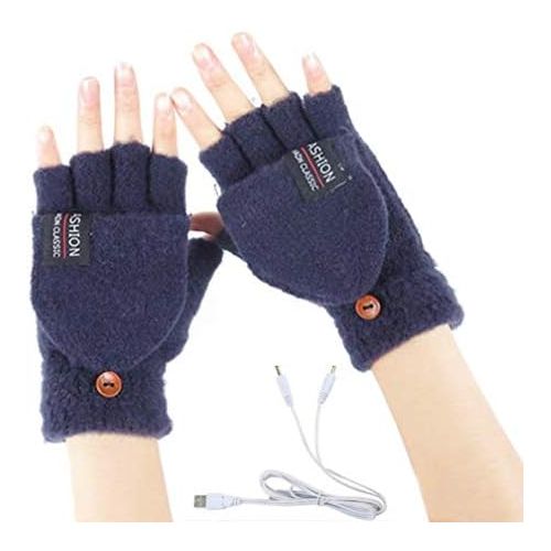  [아마존베스트]Kbinter Womens & Mens USB Heated Gloves Knitting Hands Full & Half Heated Fingerless Heating Warmer with Button Washable Design, Mitten Winter Hands Warm Laptop Gloves (Navy)