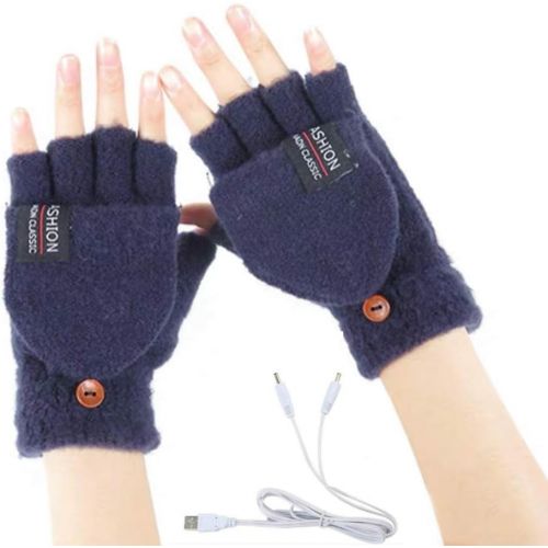  [아마존베스트]Kbinter Womens & Mens USB Heated Gloves Knitting Hands Full & Half Heated Fingerless Heating Warmer with Button Washable Design, Mitten Winter Hands Warm Laptop Gloves (Navy)