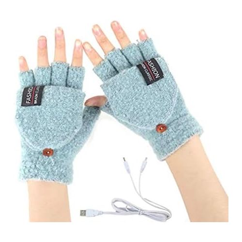  [아마존베스트]Kbinter Womens & Mens USB Heated Gloves Knitting Hands Full & Half Heated Fingerless Heating Warmer with Button Washable Design, Mitten Winter Hands Warm Laptop Gloves (Mint)