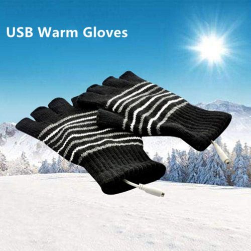  [아마존베스트]Kbinter USB 2.0 Powered Stripes Heating Pattern Knitting Wool Cute Heated Paw Gloves Fingerless Hands Warmer Mittens Laptop Computer Warm Gloves for Women Men Girls Boys (Black)