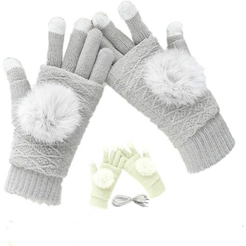  [아마존베스트]Kbinter Womens & Mens USB Heated Gloves Mitten Winter Hands Warm Laptop Gloves, 2 Pack Pom Knitting Hands Full & Half Heated Fingerless Heating Warmer Washable Design (Black+Deep Gray)