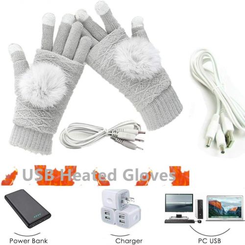  [아마존베스트]Kbinter Womens & Mens USB Heated Gloves Mitten Winter Hands Warm Laptop Gloves, 2 Pack Pom Knitting Hands Full & Half Heated Fingerless Heating Warmer Washable Design (Black+Deep Gray)