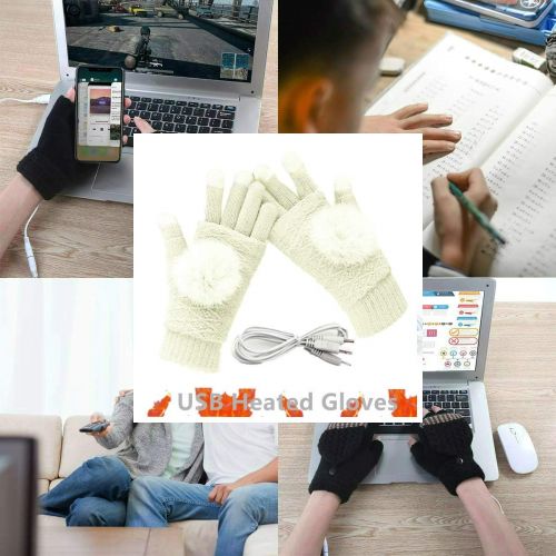  [아마존베스트]Kbinter Womens & Mens USB Heated Gloves Mitten Winter Hands Warm Laptop Gloves, 2 Pack Pom Knitting Hands Full & Half Heated Fingerless Heating Warmer Washable Design (Black+Deep Gray)