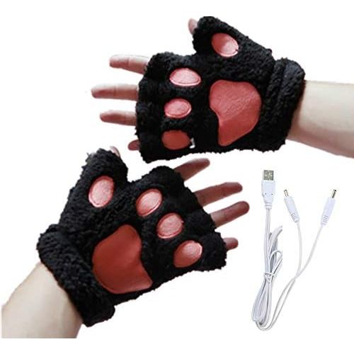  [아마존베스트]Kbinter USB 2.0 Powered Stripes Heating Pattern Knitting Wool Cute Heated Paw Gloves Fingerless Hands Warmer Mittens Laptop Computer Warm Gloves for Women Men Girls Boys (Black)