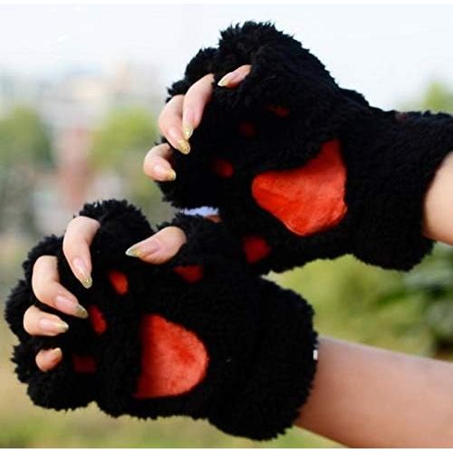  [아마존베스트]Kbinter USB 2.0 Powered Stripes Heating Pattern Knitting Wool Cute Heated Paw Gloves Fingerless Hands Warmer Mittens Laptop Computer Warm Gloves for Women Men Girls Boys (Black)