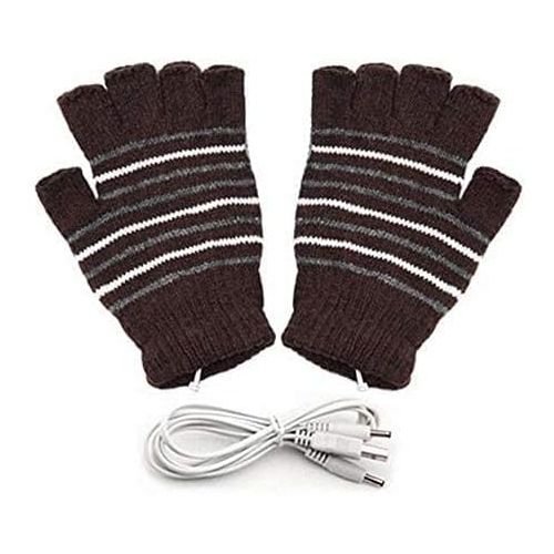  [아마존베스트]Kbinter USB 2.0 Powered Stripes Heating Pattern Knitting Wool Cute Heated Gloves Fingerless Hands Warmer Mittens Laptop Computer Warm Gloves for Women Men Girls Boys (Brown)