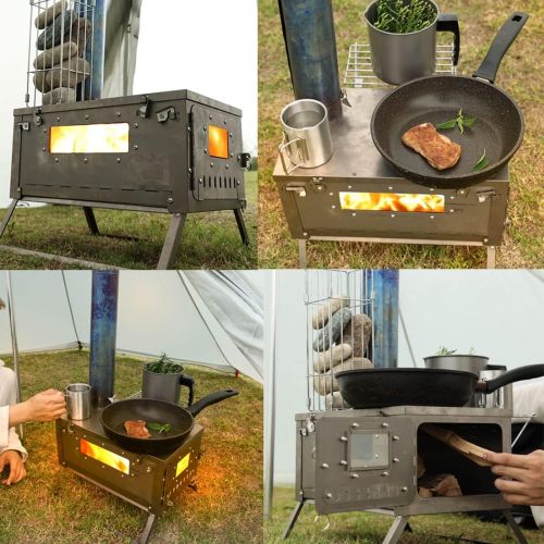  Kcelarec Outdoor Titanium Camping Tent Stove, Outdoor Wood Burning Stove with Chimney Damper and Chimney Pipe, Ultralight Titanium Tent Stove Folding Camping Stove