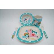 KeKaBox 5-Piece Baby Toddler Kid Feeding Set in Eco-Friendly Bamboo Fiber | Jolly Rainbow & Unicorn Print on Plate, Cereal Bowl, Cup, and Eating Utensils; Unisex Teal and Aqua Color Theme