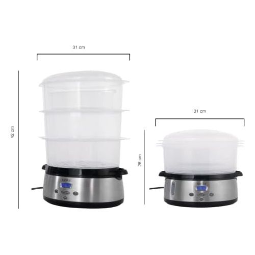  KeMar Kitchenware KFS-700 digitaler Dampfgarer, BPA-frei, 9 Liter, 800W, Timer, inkl. Reisschale, Edelstahl