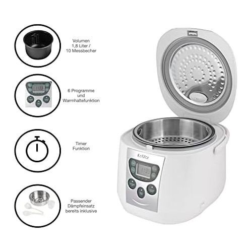  [아마존베스트]KeMar Kitchenware Reiskocher, Multikocher, BPA-frei, Dampfgarer, Edelstahl Dampfeinsatz, (790W, 1,8 Liter, Modell 2020), 3 Auto Programme, 3 manuelle Programme