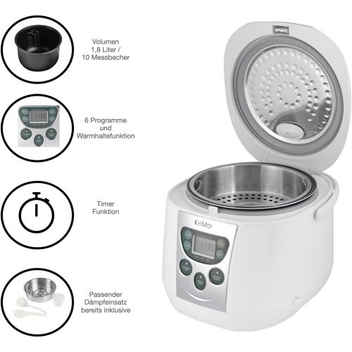  [아마존베스트]KeMar Kitchenware Reiskocher, Multikocher, BPA-frei, Dampfgarer, Edelstahl Dampfeinsatz, (790W, 1,8 Liter, Modell 2020), 3 Auto Programme, 3 manuelle Programme