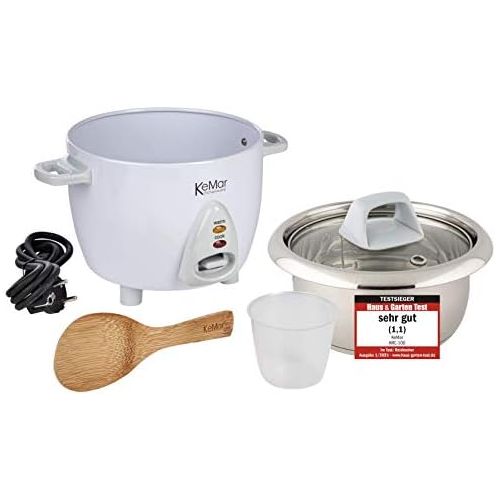  [아마존베스트]KeMar Kitchenware KRC-100 rice cooker, stainless steel pot, compact (0.6 L, 300 W, white), glass lid, BPA-free, bamboo spoon, stainless steel inner pot, stainless steel insert, sta