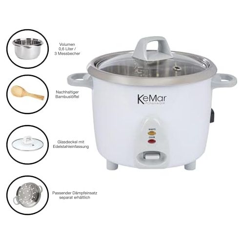  [아마존베스트]KeMar Kitchenware KRC-100 rice cooker, stainless steel pot, compact (0.6 L, 300 W, white), glass lid, BPA-free, bamboo spoon, stainless steel inner pot, stainless steel insert, sta