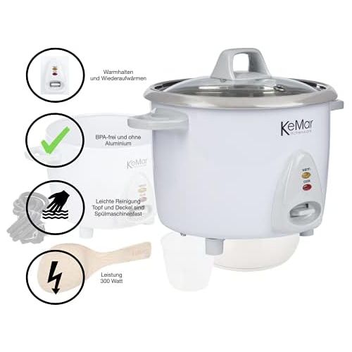  [아마존베스트]KeMar Kitchenware KRC-100 rice cooker, stainless steel pot, compact (0.6 L, 300 W, white), glass lid, BPA-free, bamboo spoon, stainless steel inner pot, stainless steel insert, sta