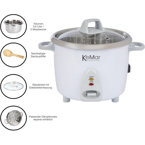  [아마존베스트]KeMar Kitchenware KRC-100 rice cooker, stainless steel pot, compact (0.6 L, 300 W, white), glass lid, BPA-free, bamboo spoon, stainless steel inner pot, stainless steel insert, sta