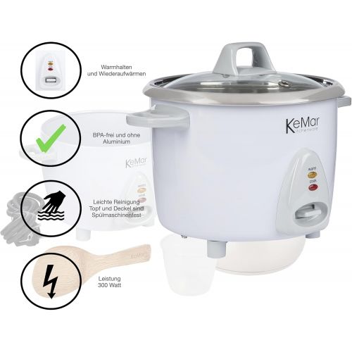  [아마존베스트]KeMar Kitchenware KRC-100 rice cooker, stainless steel pot, compact (0.6 L, 300 W, white), glass lid, BPA-free, bamboo spoon, stainless steel inner pot, stainless steel insert, sta