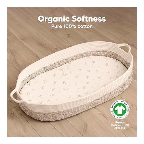  2-Pack Organic Bassinet Sheets for Girls, Boys - 100% Cotton Bassinet Mattress Sheets Compatible with Halo Bassinest Swivel Sleeper, Graco, Baby Delight, Chicco, Unisex Fitted Bassinet Sheets (Meadow)