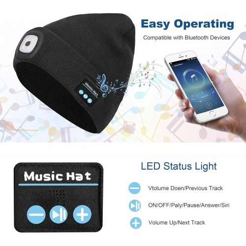  Keains Unisex Bluetooth Beanie Hat with Light,Upgraded Musical Knitted Cap with Headphone and Built-in Stereo Speakers & Mic, LED Hat for Running Hiking, Gifts for Men Women Dad Husband T