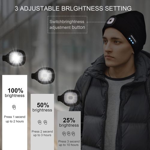 Keains Unisex Bluetooth Beanie Hat with Light,Upgraded Musical Knitted Cap with Headphone and Built-in Stereo Speakers & Mic, LED Hat for Running Hiking, Gifts for Men Women Dad Husband T