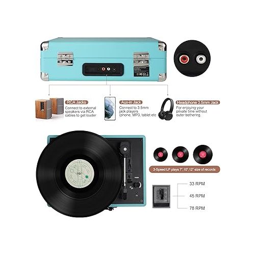 Vinyl Record Player, 3 Speeds Suitcase Portable Record Player with Built-in Speakers, Vintage Belt Driven Turntable with RCA Output/Headphone/Aux in Jack/45 Adapter Blue