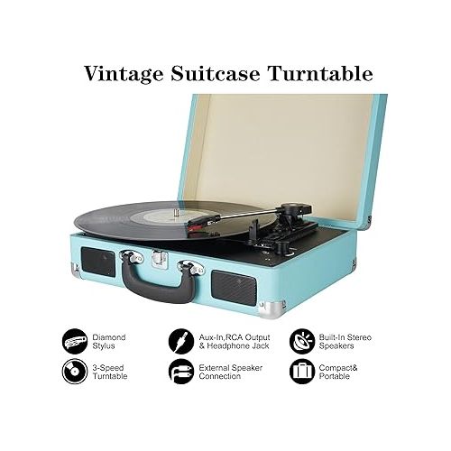  Vinyl Record Player, 3 Speeds Suitcase Portable Record Player with Built-in Speakers, Vintage Belt Driven Turntable with RCA Output/Headphone/Aux in Jack/45 Adapter Blue