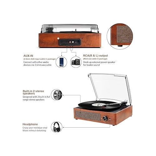  Bluetooth Turntable Vinyl Record Player with Speakers, 3 Speed Belt Driven Vintage Player for Entertainment AUX in RCA Out