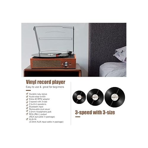  Bluetooth Turntable Vinyl Record Player with Speakers, 3 Speed Belt Driven Vintage Player for Entertainment AUX in RCA Out