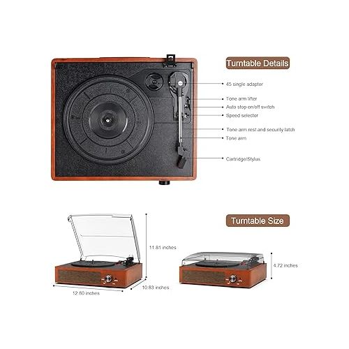  Bluetooth Turntable Vinyl Record Player with Speakers, 3 Speed Belt Driven Vintage Player for Entertainment AUX in RCA Out