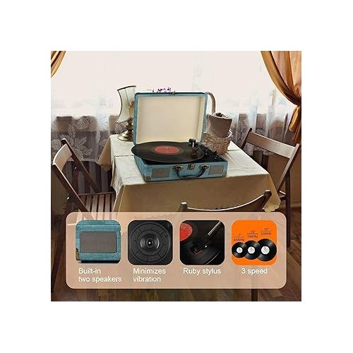  Record Player Vintage 3-Speed Bluetooth Vinyl Turntable with Stereo Speaker, Belt Driven Suitcase Vinyl Record Player