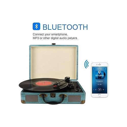  Record Player Vintage 3-Speed Bluetooth Vinyl Turntable with Stereo Speaker, Belt Driven Suitcase Vinyl Record Player