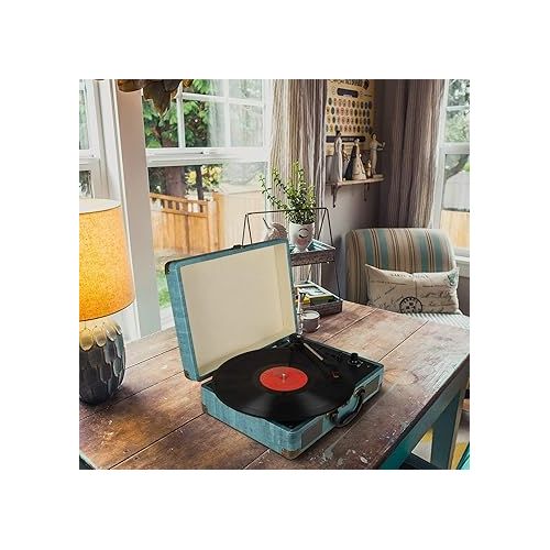  Record Player Vintage 3-Speed Bluetooth Vinyl Turntable with Stereo Speaker, Belt Driven Suitcase Vinyl Record Player