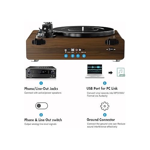  Record Player with Speakers 45W,Turntable for Vinyl Record with Built-in Stereo Speakers & Magnetic Cartridge, Supports Vinyl to MP3 Function/Phono preamp/AUX-in/RCA Output