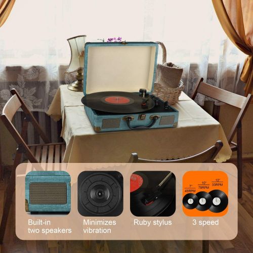  [아마존베스트]Kedok Record Player Vintage 3-Speed Bluetooth Vinyl Turntable with Stereo Speaker, Belt Driven Suitcase Vinyl Record Player